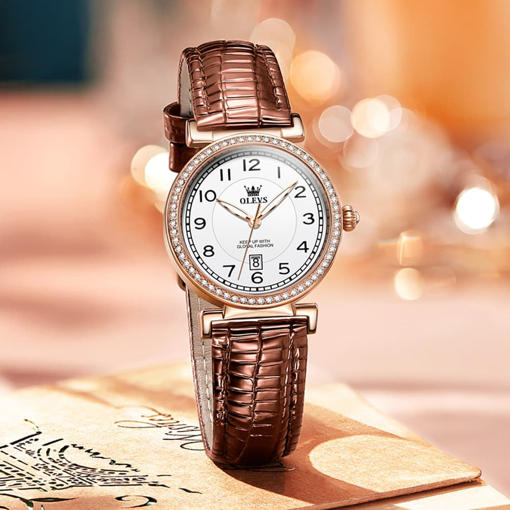 OLEVS Women Vintage Leather Dress Watch Arabic Numerals Date Quartz 5590 - Brown Leather Champagne Dial | Olevs Watch Store