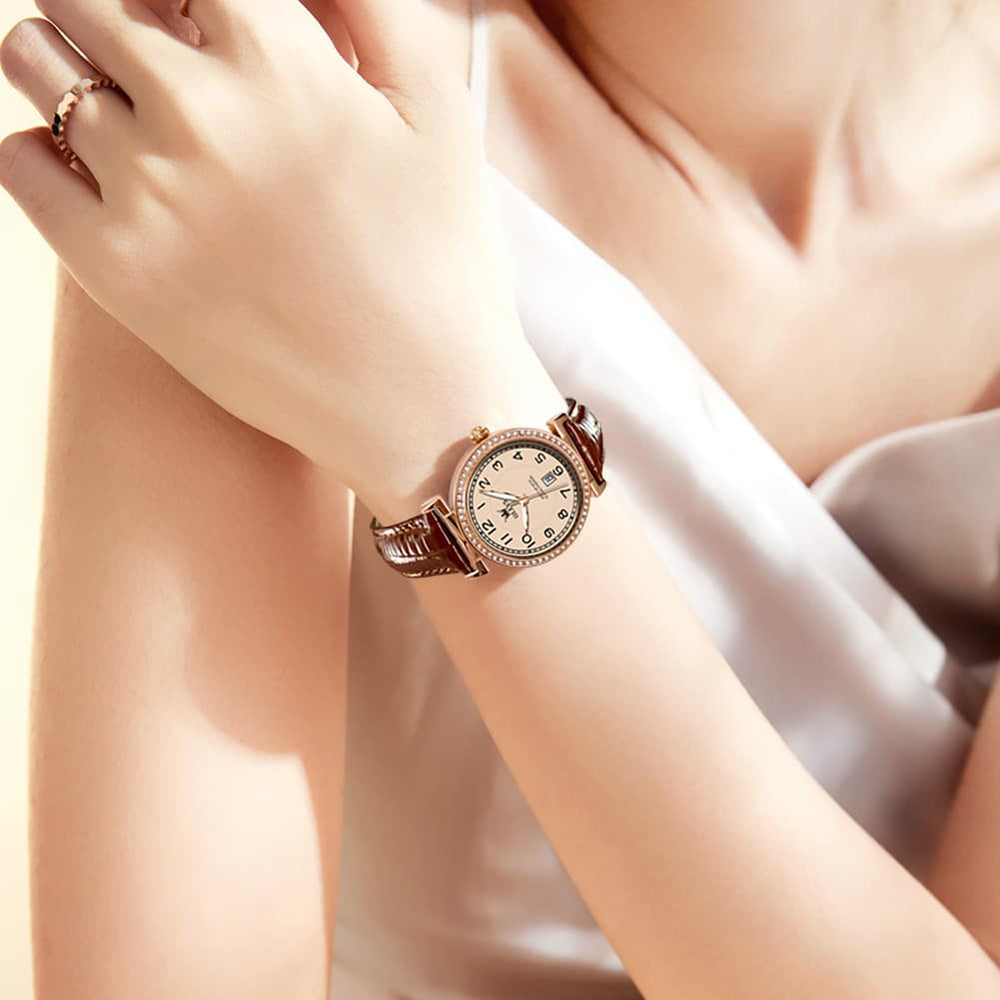 OLEVS Women Vintage Leather Dress Watch Arabic Numerals Date Quartz 5590 - Brown Leather Champagne Dial | Olevs Watch Store