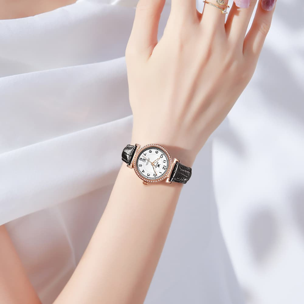 OLEVS Women Vintage Leather Dress Watch Arabic Numerals Date Quartz 5590 - Brown Leather Champagne Dial | Olevs Watch Store