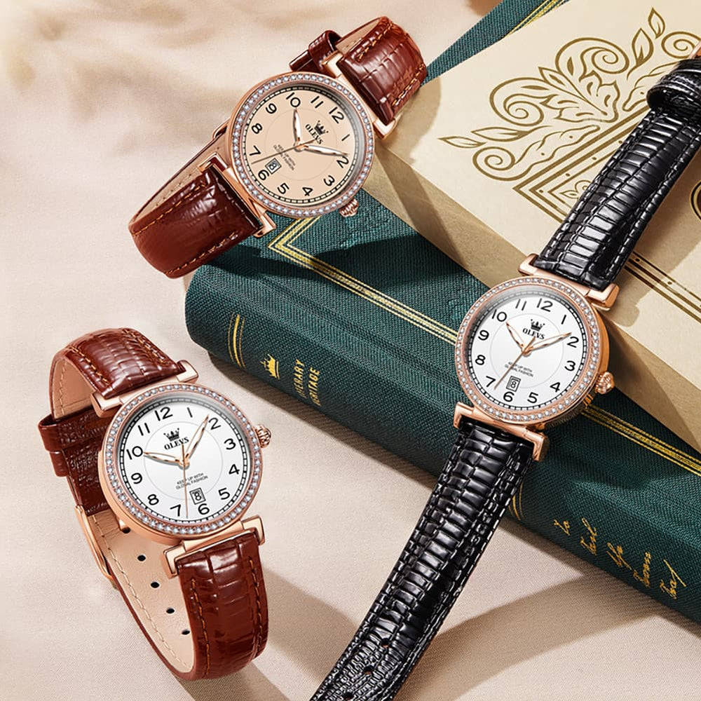OLEVS Women Vintage Leather Dress Watch Arabic Numerals Date Quartz 5590 - Brown Leather Champagne Dial | Olevs Watch Store