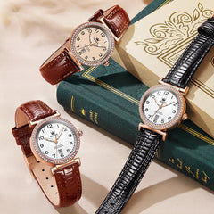 OLEVS Women Vintage Leather Dress Watch Arabic Numerals Date Quartz 5590 - Brown Leather Champagne Dial | Olevs Watch Store