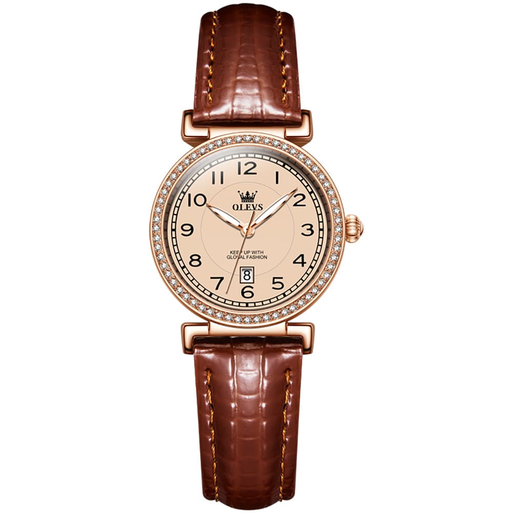 OLEVS Women Vintage Leather Dress Watch Arabic Numerals Date Quartz 5590 - Brown Leather Champagne Dial | Olevs Watch Store
