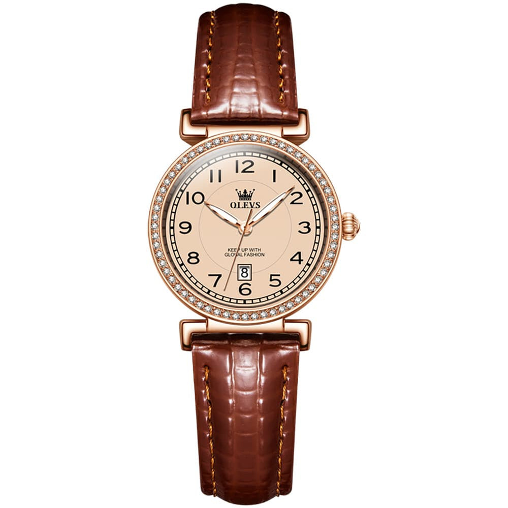OLEVS Women Vintage Leather Dress Watch Arabic Numerals Date Quartz 5590 - Brown Leather Champagne Dial | Olevs Watch Store