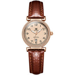 OLEVS Women Vintage Leather Dress Watch Arabic Numerals Date Quartz 5590 - Brown Leather Champagne Dial | Olevs Watch Store