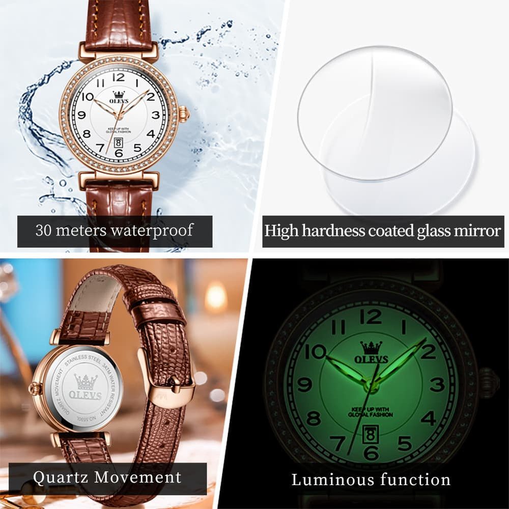 OLEVS Women Vintage Leather Dress Watch Arabic Numerals Date Quartz 5590 - Brown Leather Champagne Dial | Olevs Watch Store