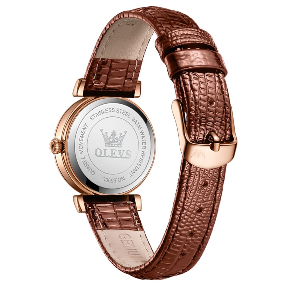 OLEVS Women Vintage Leather Dress Watch Arabic Numerals Date Quartz 5590 - Brown Leather Champagne Dial | Olevs Watch Store