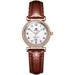 OLEVS Women Vintage Leather Dress Watch Arabic Numerals Date Quartz 5590 - Brown Leather White Dial Watch | Olevs Watch Store